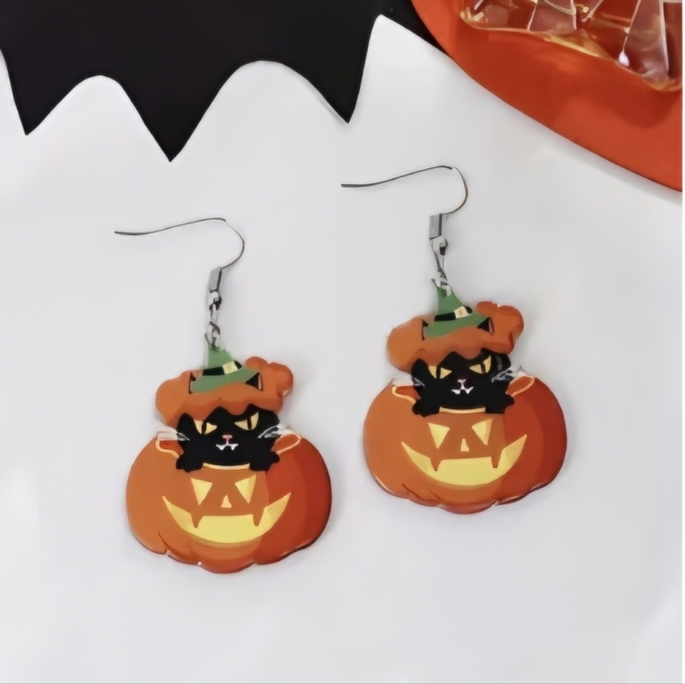 NEW Black Cat Pumpkin Earrings